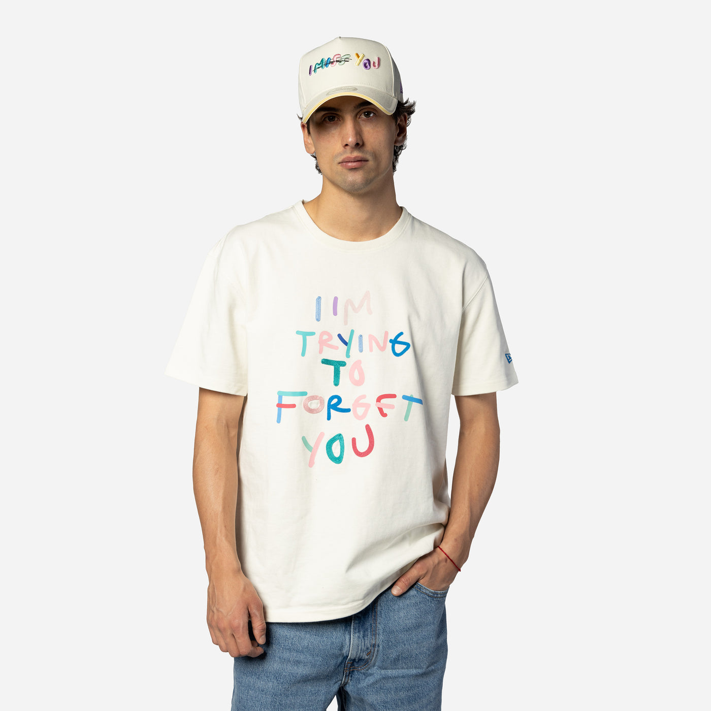 NEW ERA X RICARDO LUEVANOS I M TRYING TO FORGET YOU SCRIPT CHROME WHITE OVERSIZED SHORT SLEEVE T-SHIRT