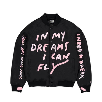 NEW ERA X RICARDO LUEVANOS IN DREAM I CAN FLY SCRIPT BLACK OVERSIZED VARSITY JACKET