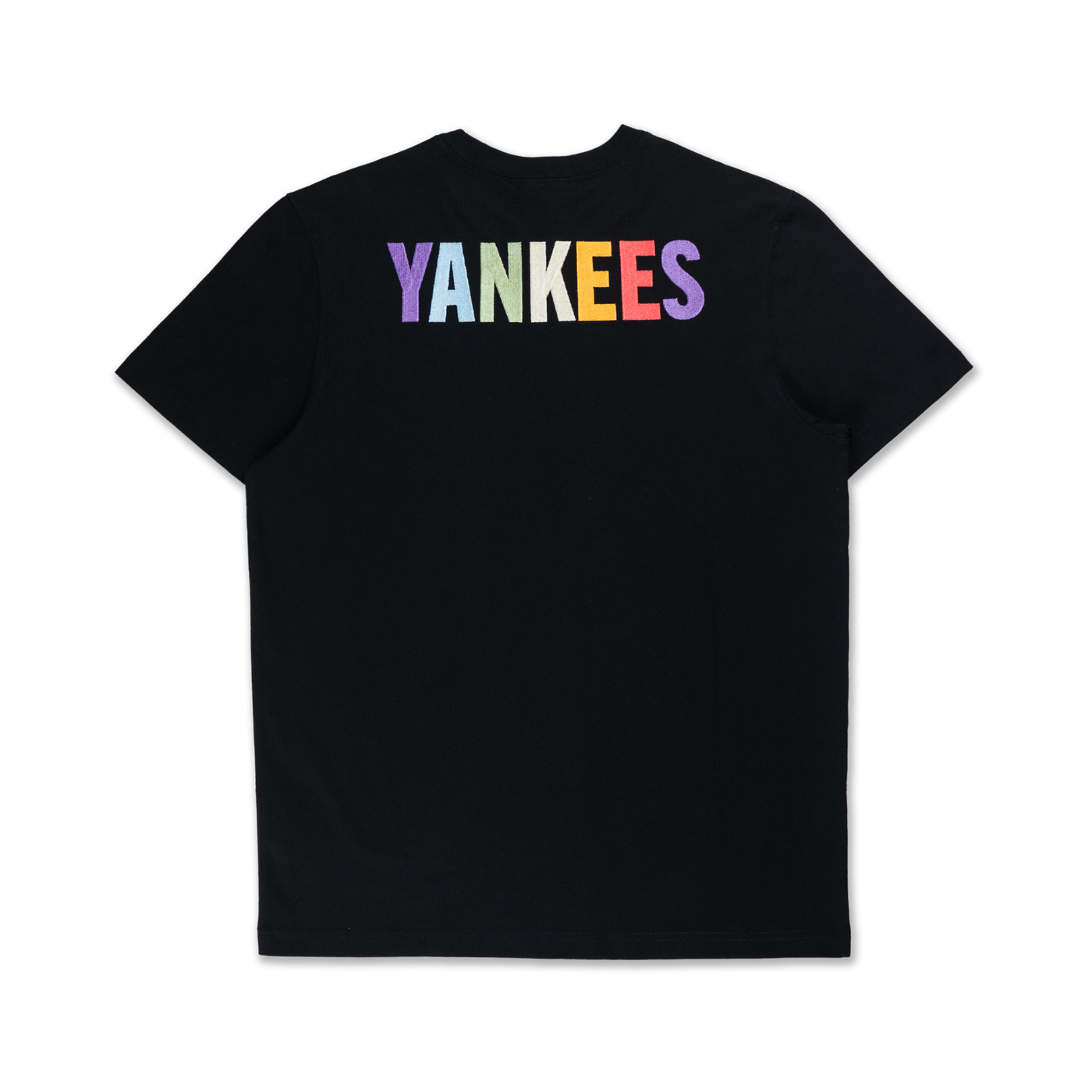 NEW YORK YANKEES LIGHT RAINBOW LAYERED LOGO BLACK REGULAR SHORT SLEEVE T-SHIRT