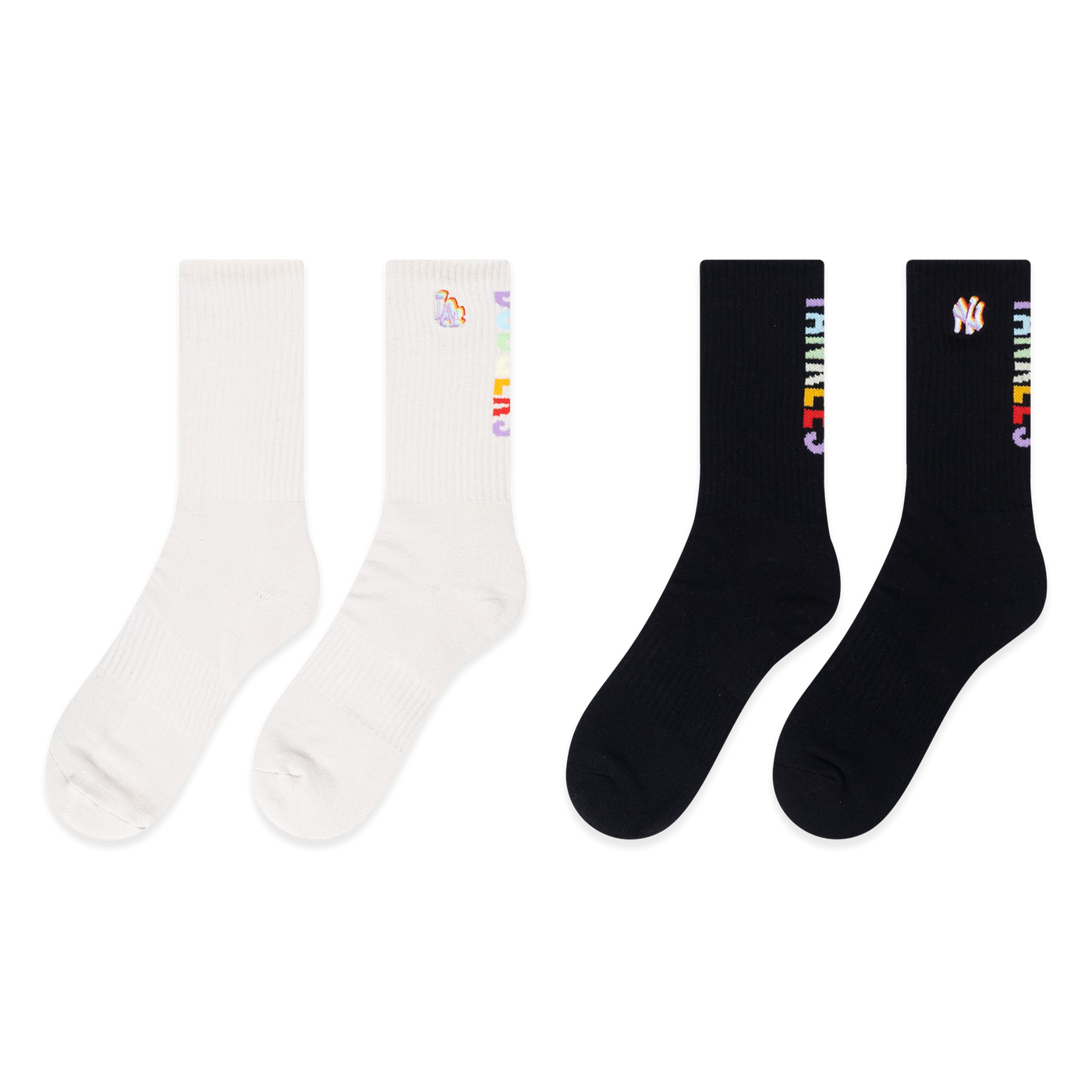 NEW YORK YANKEES AND LOS ANGELES DODGERS 2 PACK LIGHT RAINBOW IVORY AND BLACK SOCKS