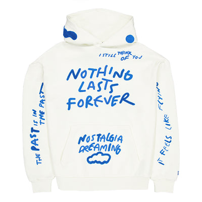 NEW ERA X RICARDO LUEVANOS NOTHING LASTS FOREVER SCRIPT CHROME WHITE OVERSIZED HOODIE