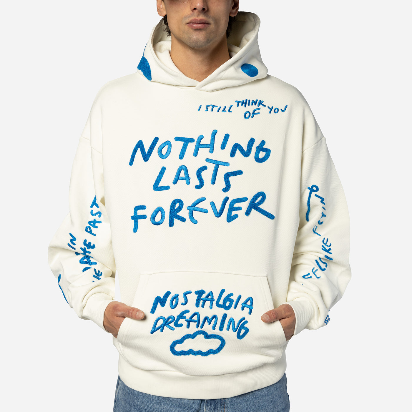 NEW ERA X RICARDO LUEVANOS NOTHING LASTS FOREVER SCRIPT CHROME WHITE OVERSIZED HOODIE