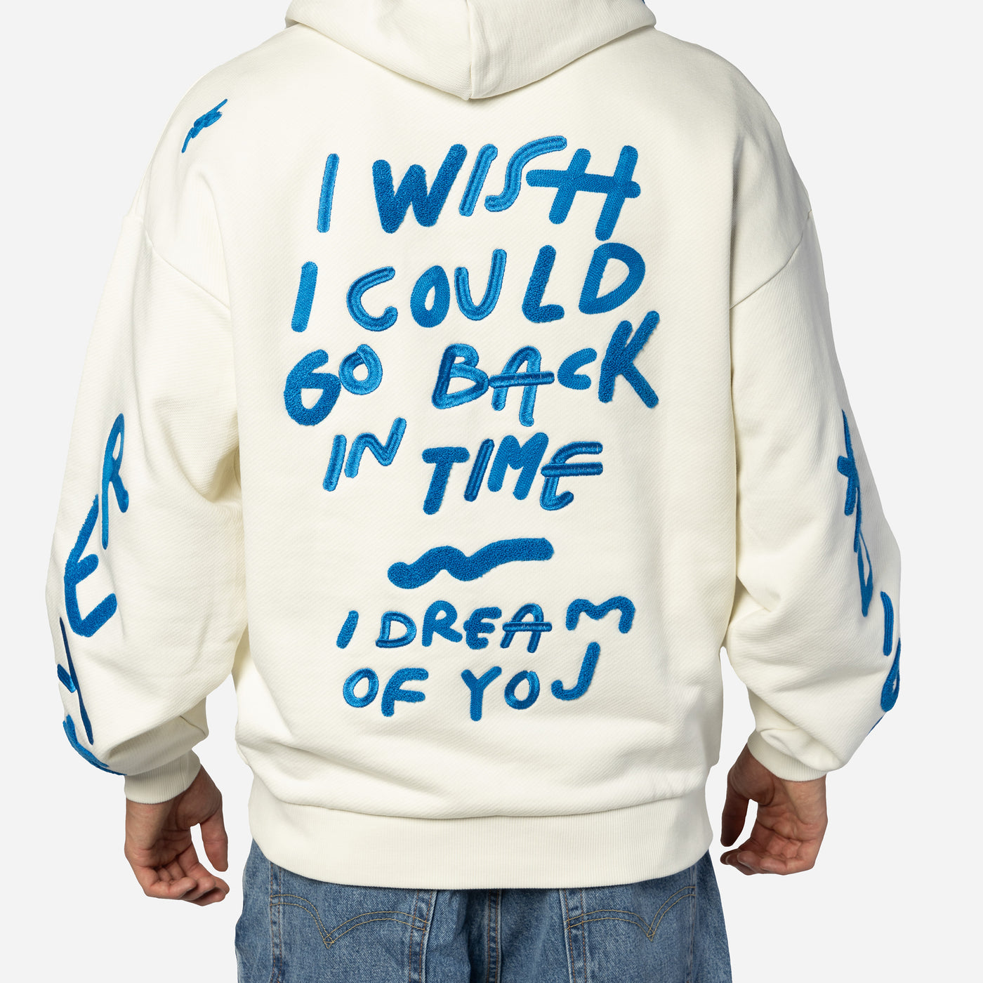 NEW ERA X RICARDO LUEVANOS NOTHING LASTS FOREVER SCRIPT CHROME WHITE OVERSIZED HOODIE