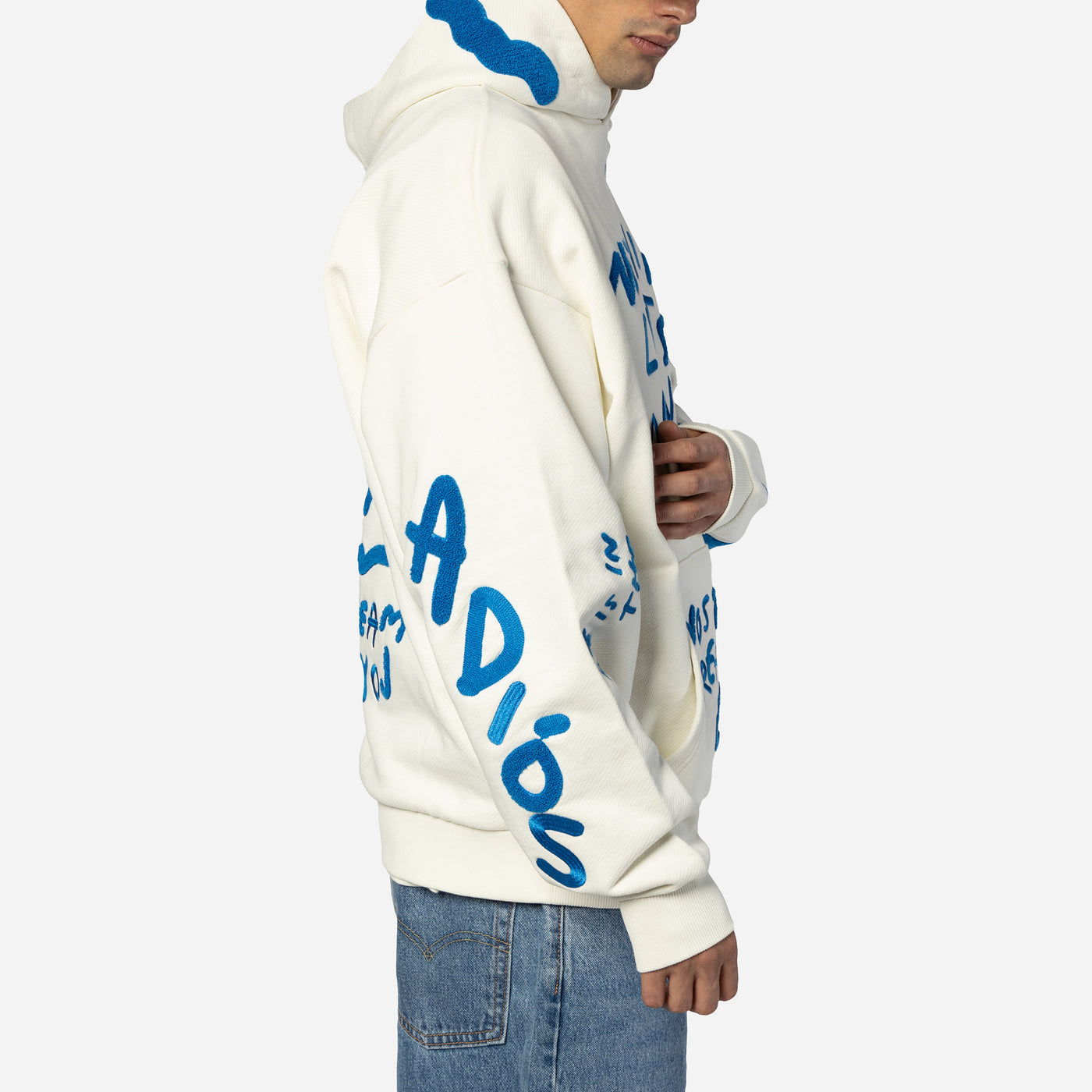 NEW ERA X RICARDO LUEVANOS NOTHING LASTS FOREVER SCRIPT CHROME WHITE OVERSIZED HOODIE