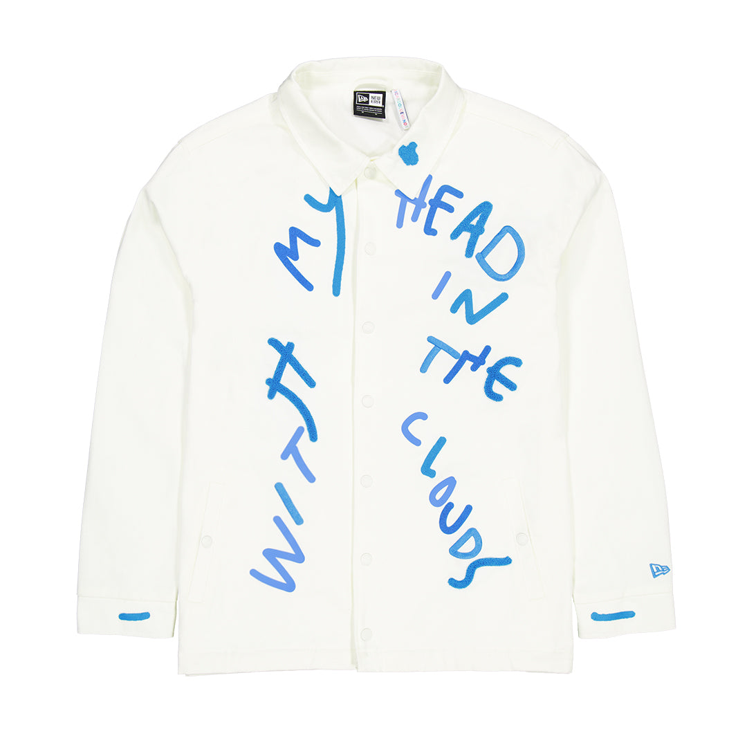 NEW ERA X RICARDO LUEVANOS WITH MY HEAD IN THE CLOUD SCRIPT CHROME WHITE COACH JACKET