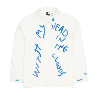 NEW ERA X RICARDO LUEVANOS WITH MY HEAD IN THE CLOUD SCRIPT CHROME WHITE COACH JACKET