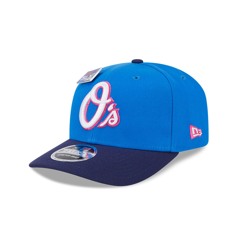 NEW ERA X BIG LEAGUE CHEW BALTIMORE ORIOLES NAVY VISOR MED BLUE 9SEVENTY STRETCH SNAP CAP