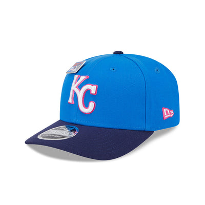 NEW ERA X BIG LEAGUE CHEW KANSAS CITY ROYALS NAVY VISOR MED BLUE 9SEVENTY STRETCH SNAP CAP