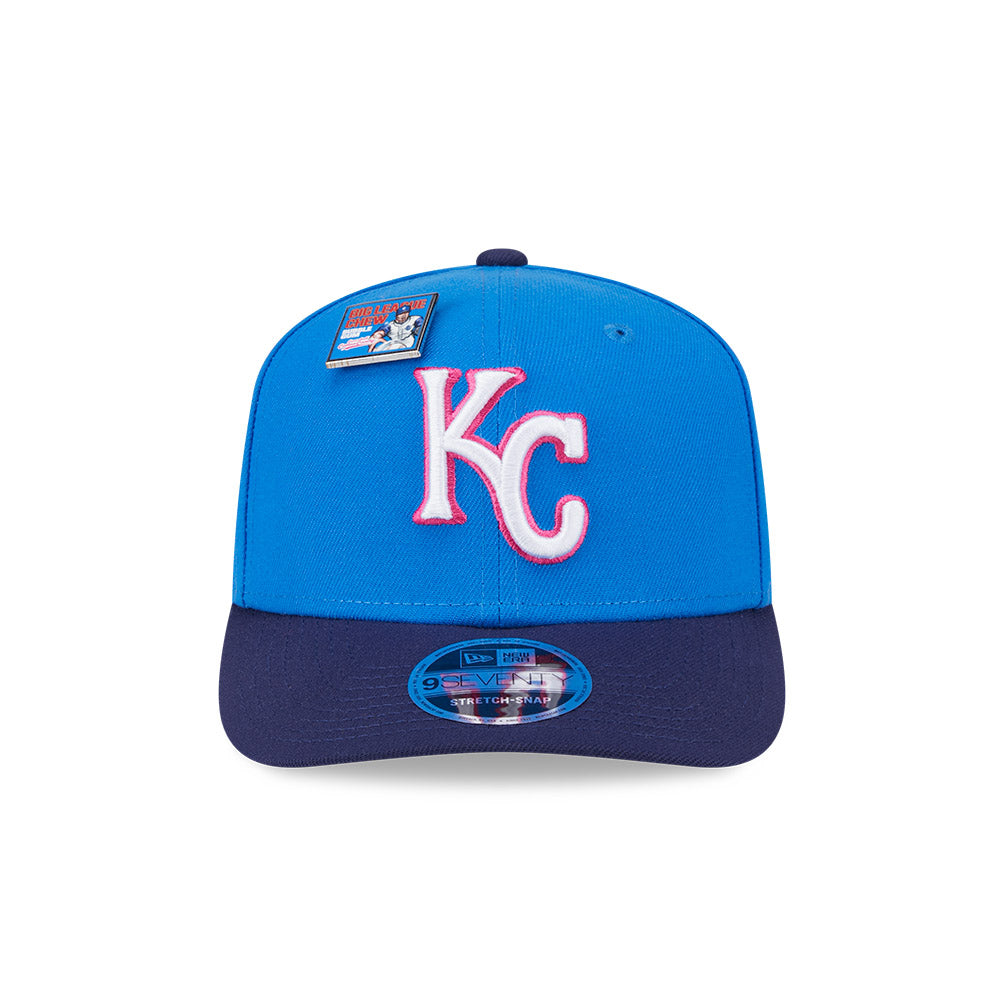 NEW ERA X BIG LEAGUE CHEW KANSAS CITY ROYALS NAVY VISOR MED BLUE 9SEVENTY STRETCH SNAP CAP