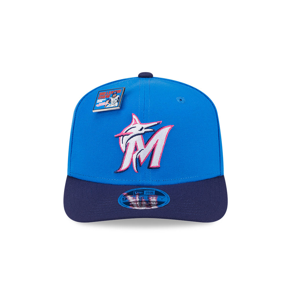 NEW ERA X BIG LEAGUE CHEW MIAMI MARLINS NAVY VISOR MED BLUE 9SEVENTY STRETCH SNAP CAP