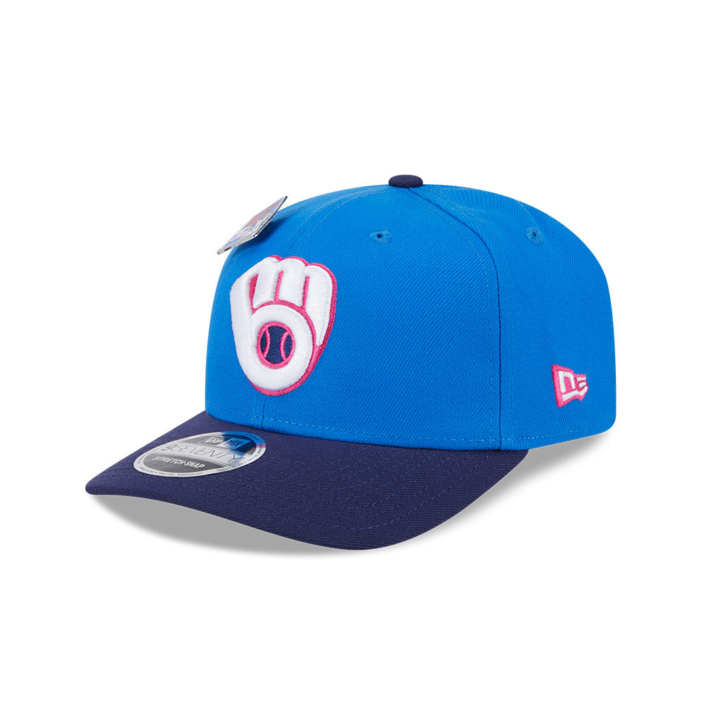 NEW ERA X BIG LEAGUE CHEW MILWAUKEE BREWERS NAVY VISOR MED BLUE 9SEVENTY STRETCH SNAP CAP