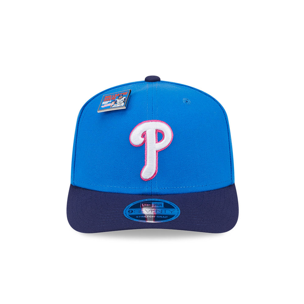 NEW ERA X BIG LEAGUE CHEW PHILADELPHIA PHILLIES NAVY VISOR MED BLUE 9SEVENTY STRETCH SNAP CAP