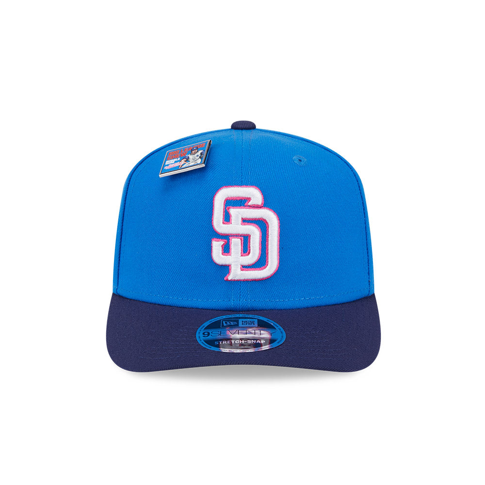 NEW ERA X BIG LEAGUE CHEW SAN DIEGO PADRES NAVY VISOR MED BLUE 9SEVENTY STRETCH SNAP CAP