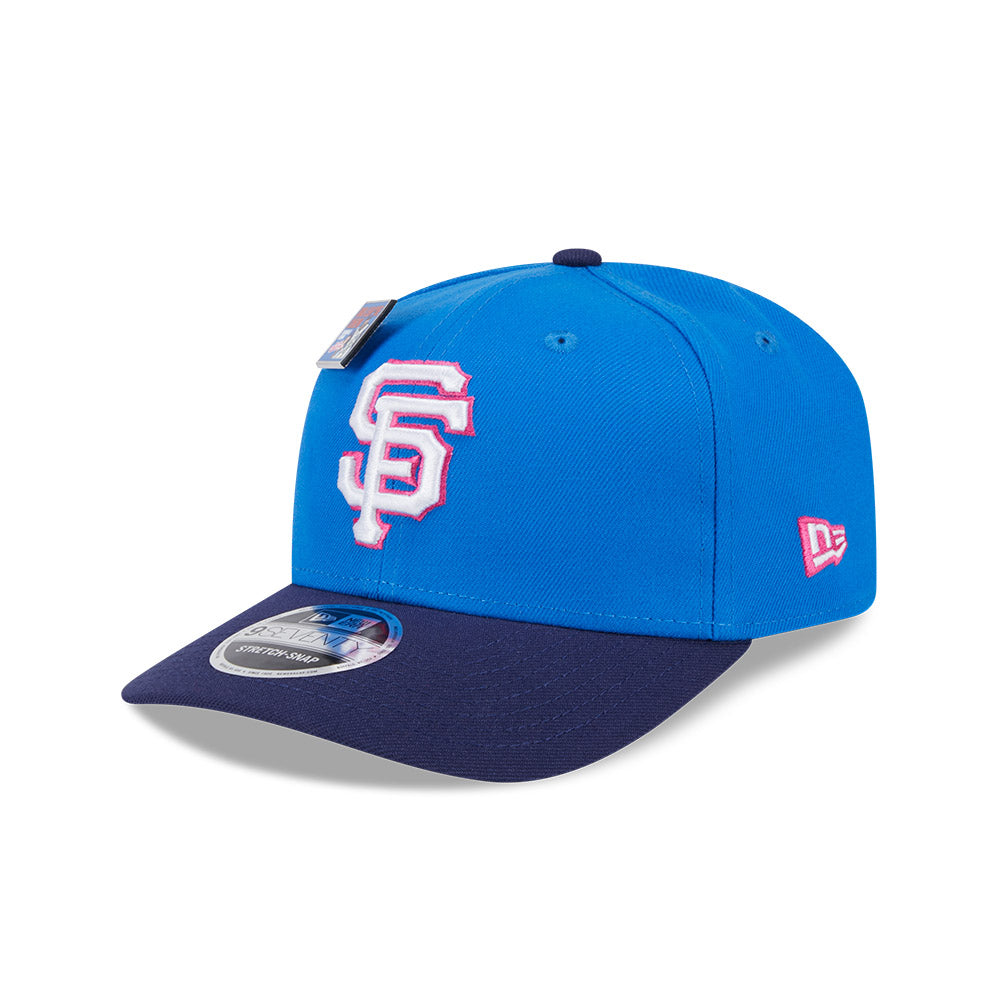 NEW ERA X BIG LEAGUE CHEW SAN FRANCISCO GIANTS NAVY VISOR MED BLUE 9SEVENTY STRETCH SNAP CAP