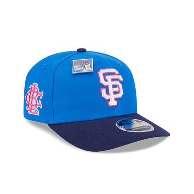 NEW ERA X BIG LEAGUE CHEW SAN FRANCISCO GIANTS NAVY VISOR MED BLUE 9SEVENTY STRETCH SNAP CAP