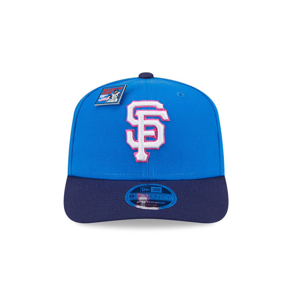 NEW ERA X BIG LEAGUE CHEW SAN FRANCISCO GIANTS NAVY VISOR MED BLUE 9SEVENTY STRETCH SNAP CAP