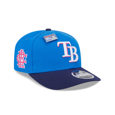 NEW ERA X BIG LEAGUE CHEW TAMPA BAY RAYS NAVY VISOR MED BLUE 9SEVENTY STRETCH SNAP CAP