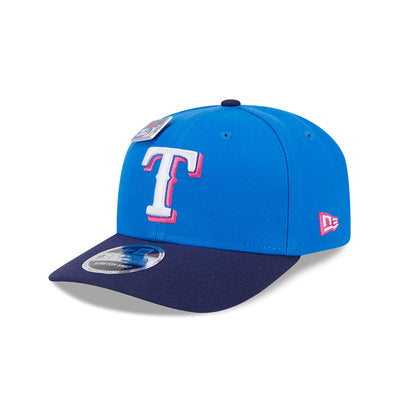 NEW ERA X BIG LEAGUE CHEW TEXAS RANGERS NAVY VISOR MED BLUE 9SEVENTY STRETCH SNAP CAP