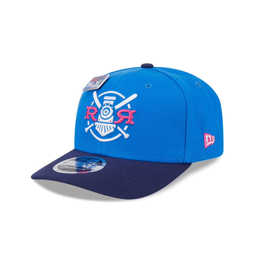 NEW ERA X BIG LEAGUE CHEW ROUND ROCK EXPRESS NAVY VISOR MED BLUE 9SEVENTY STRETCH SNAP CAP