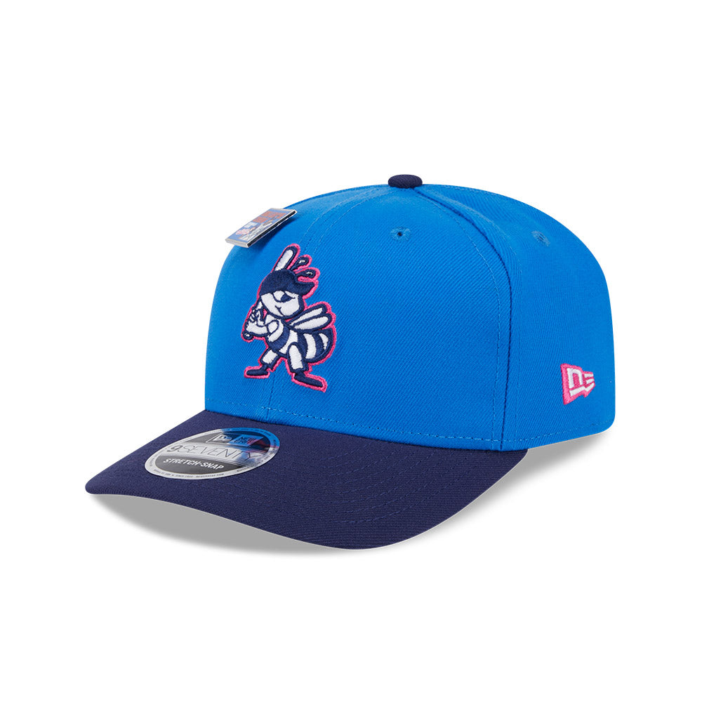 NEW ERA X BIG LEAGUE CHEW SALT LAKE CITY BEE NAVY VISOR MED BLUE 9SEVENTY STRETCH SNAP CAP