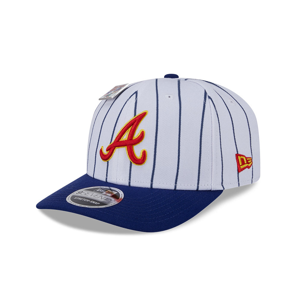 NEW ERA X BIG LEAGUE CHEW ATLANTA BRAVES NAVY VISOR WHITE 9SEVENTY STRETCH SNAP CAP