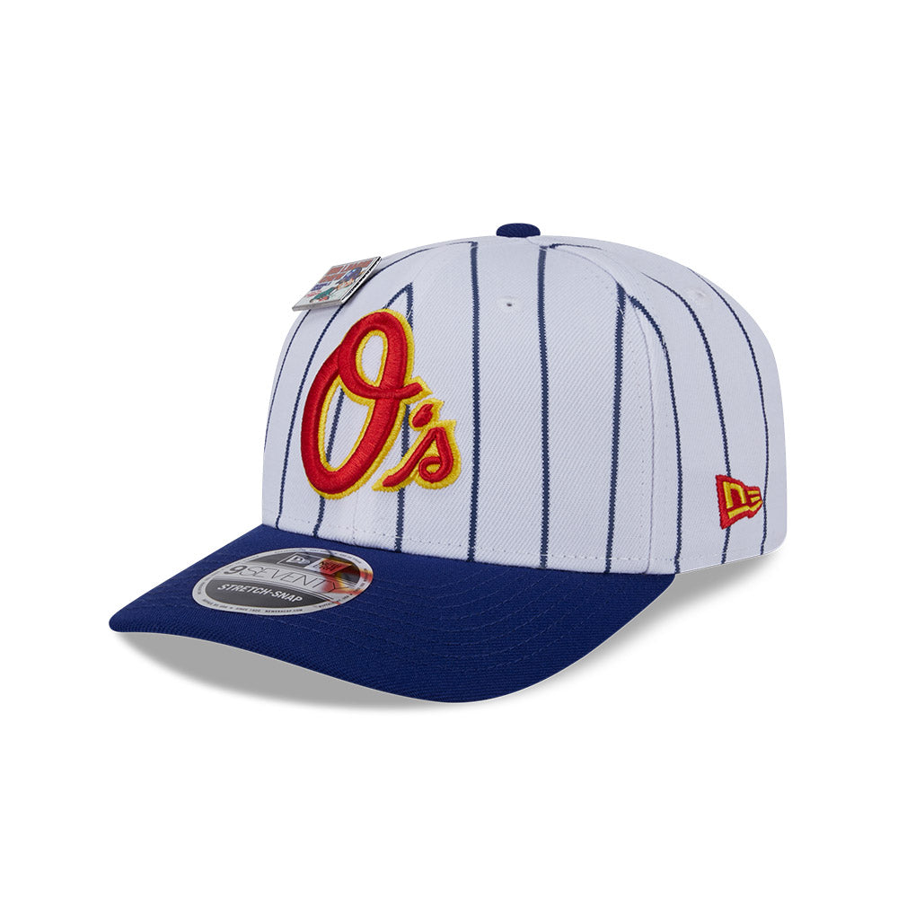 NEW ERA X BIG LEAGUE CHEW BALTIMORE ORIOLES NAVY VISOR WHITE 9SEVENTY STRETCH SNAP CAP