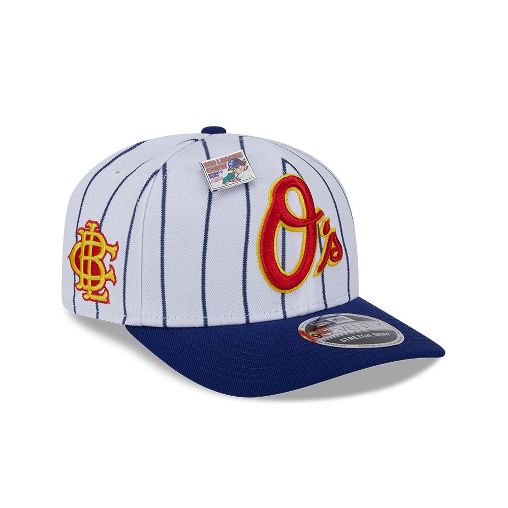 NEW ERA X BIG LEAGUE CHEW BALTIMORE ORIOLES NAVY VISOR WHITE 9SEVENTY STRETCH SNAP CAP