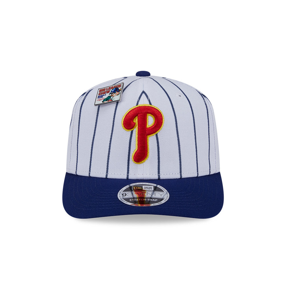 NEW ERA X BIG LEAGUE CHEW PHILADELPHIA PHILLIES NAVY VISOR WHITE 9SEVENTY STRETCH SNAP CAP