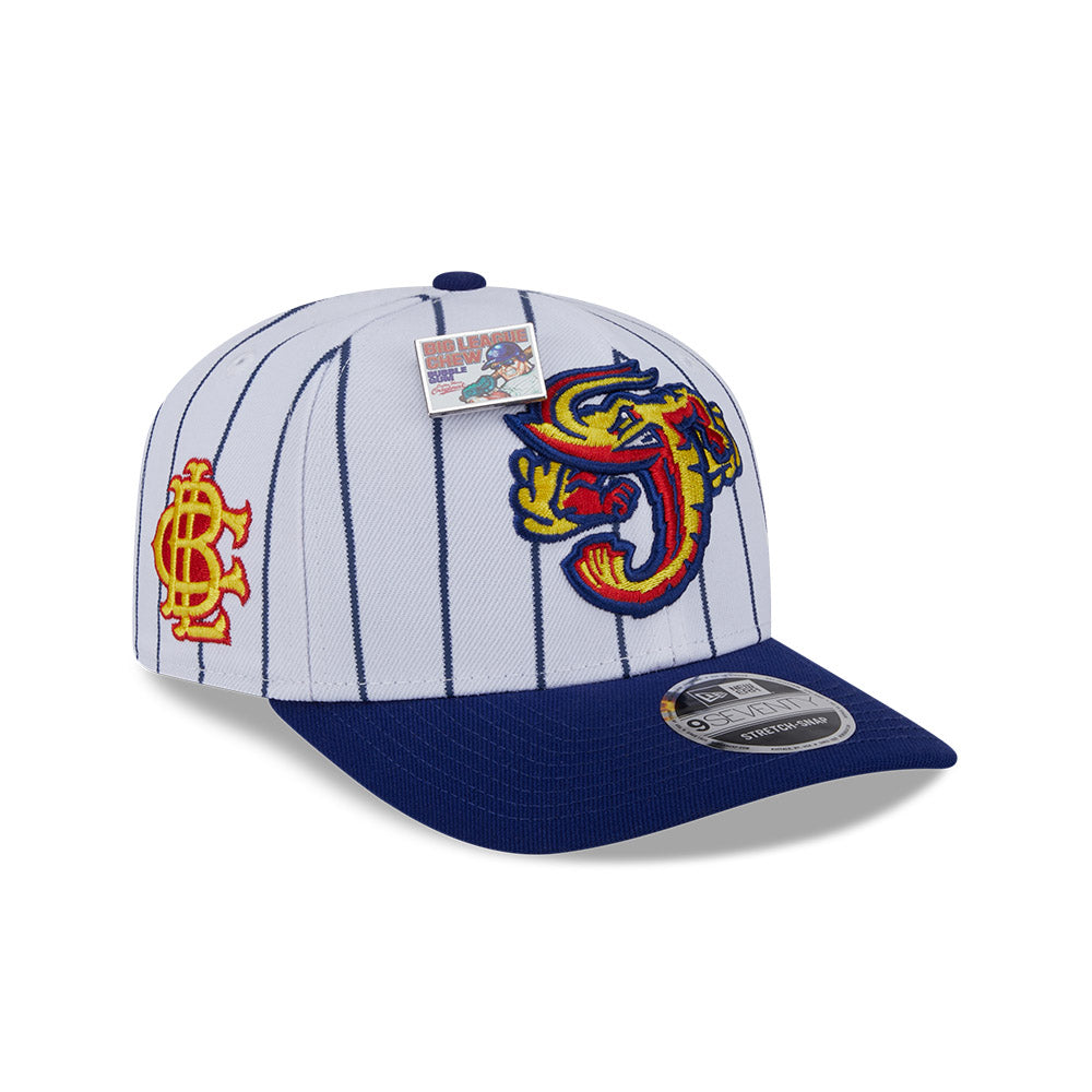 NEW ERA X BIG LEAGUE CHEW JACKSONVILLE JUMBO SHRIMP NAVY VISOR WHITE 9SEVENTY STRETCH SNAP CAP