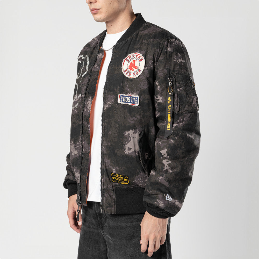 NEW ERA X ALPHA INDUSTRIES BOSTON RED SOX BLACK REVERSIBLE BOMBER JACKET
