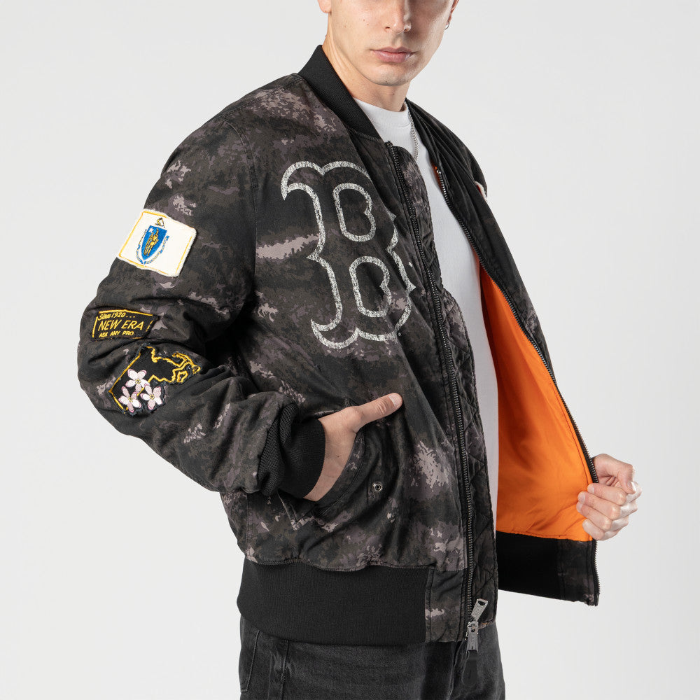 NEW ERA X ALPHA INDUSTRIES BOSTON RED SOX BLACK REVERSIBLE BOMBER JACKET