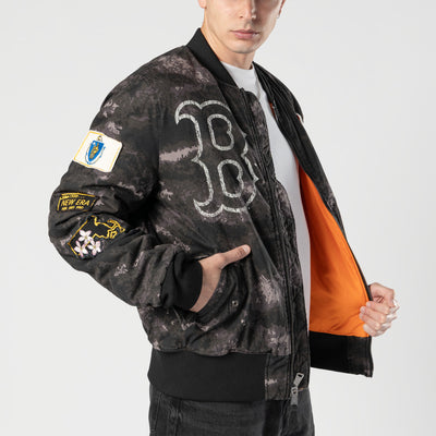 NEW ERA X ALPHA INDUSTRIES BOSTON RED SOX BLACK REVERSIBLE BOMBER JACKET