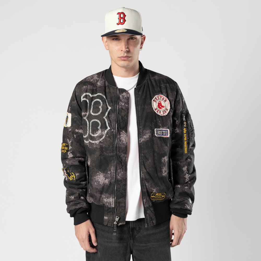 NEW ERA X ALPHA INDUSTRIES BOSTON RED SOX BLACK REVERSIBLE BOMBER JACKET