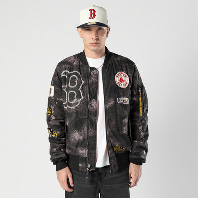 NEW ERA X ALPHA INDUSTRIES BOSTON RED SOX BLACK REVERSIBLE BOMBER JACKET