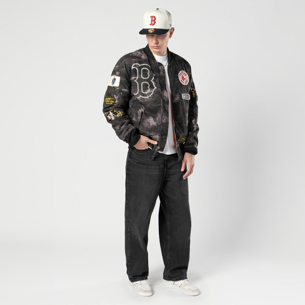 NEW ERA X ALPHA INDUSTRIES BOSTON RED SOX BLACK REVERSIBLE BOMBER JACKET