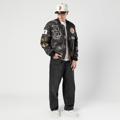 NEW ERA X ALPHA INDUSTRIES BOSTON RED SOX BLACK REVERSIBLE BOMBER JACKET