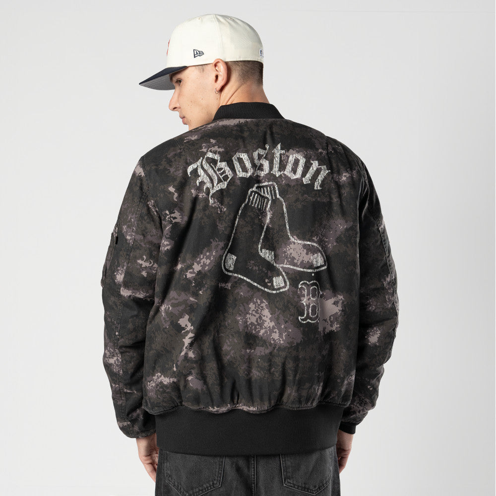 NEW ERA X ALPHA INDUSTRIES BOSTON RED SOX BLACK REVERSIBLE BOMBER JACKET