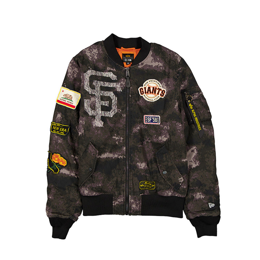 NEW ERA X ALPHA INDUSTRIES SAN FRANCISCO GIANTS BLACK REVERSIBLE BOMBER JACKET