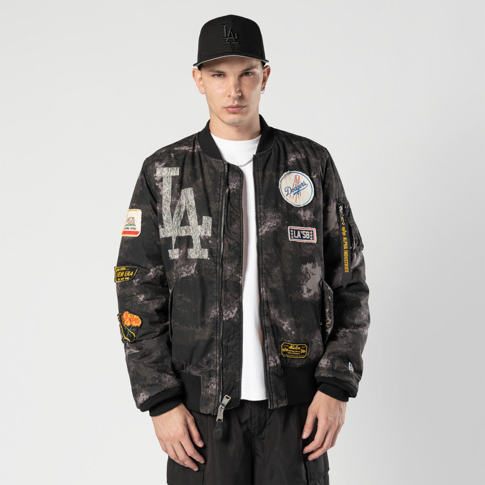NEW ERA X ALPHA INDUSTRIES LOS ANGELES DODGERS BLACK REVERSIBLE BOMBER JACKET