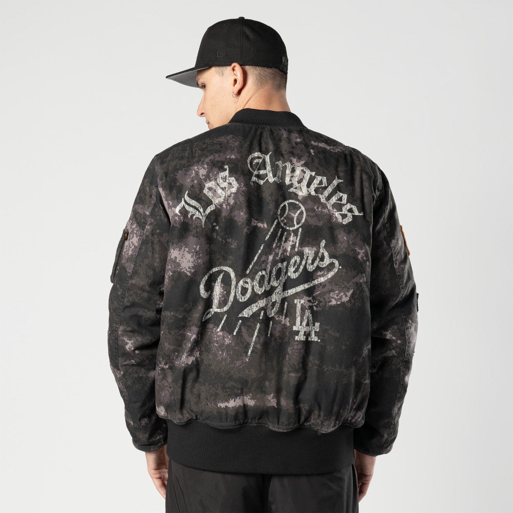 NEW ERA X ALPHA INDUSTRIES LOS ANGELES DODGERS BLACK REVERSIBLE BOMBER JACKET
