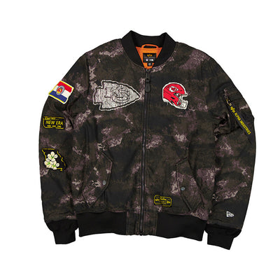 NEW ERA X ALPHA INDUSTRIES KANSAS CITY CHIEFS BLACK REVERSIBLE BOMBER JACKET