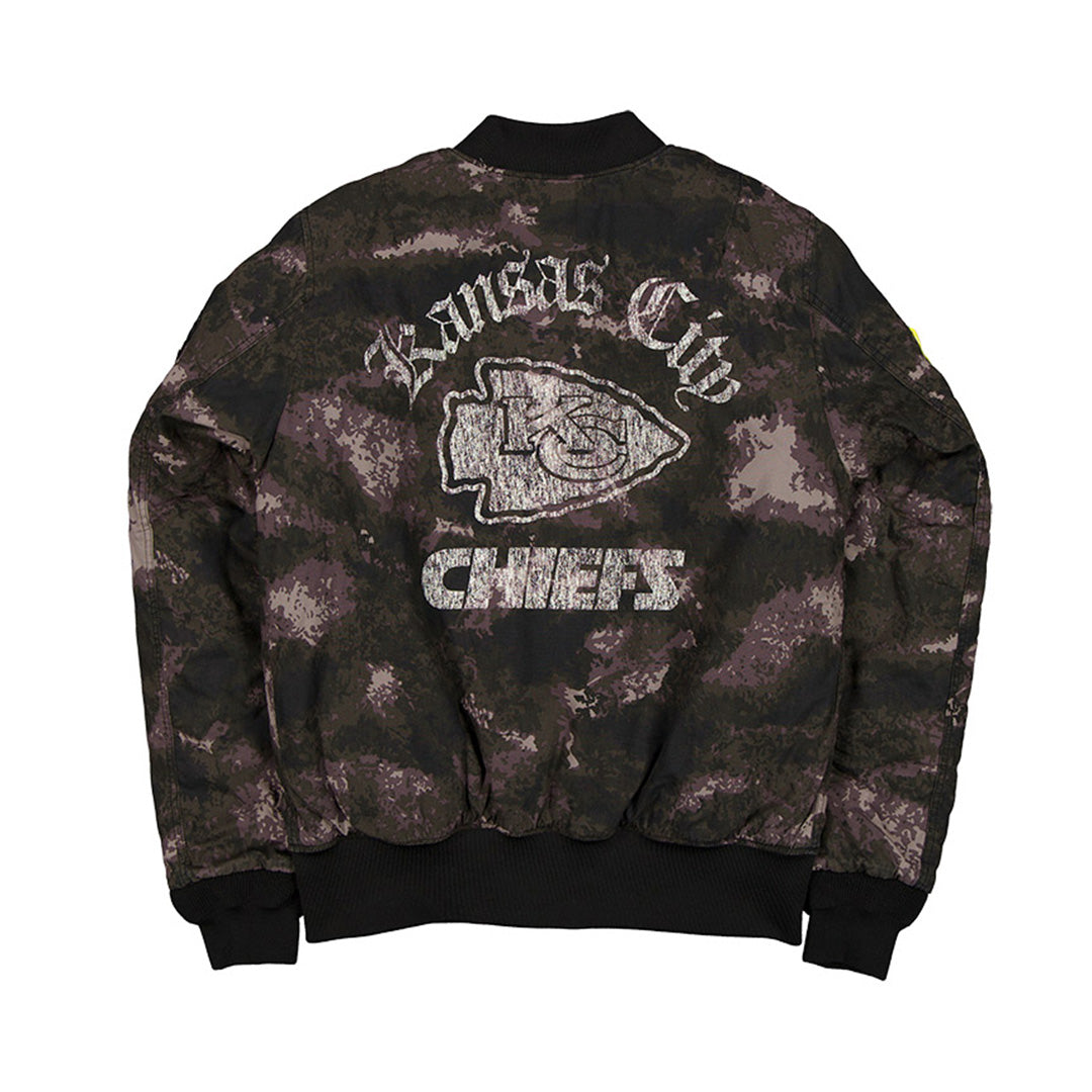 NEW ERA X ALPHA INDUSTRIES KANSAS CITY CHIEFS BLACK REVERSIBLE BOMBER JACKET