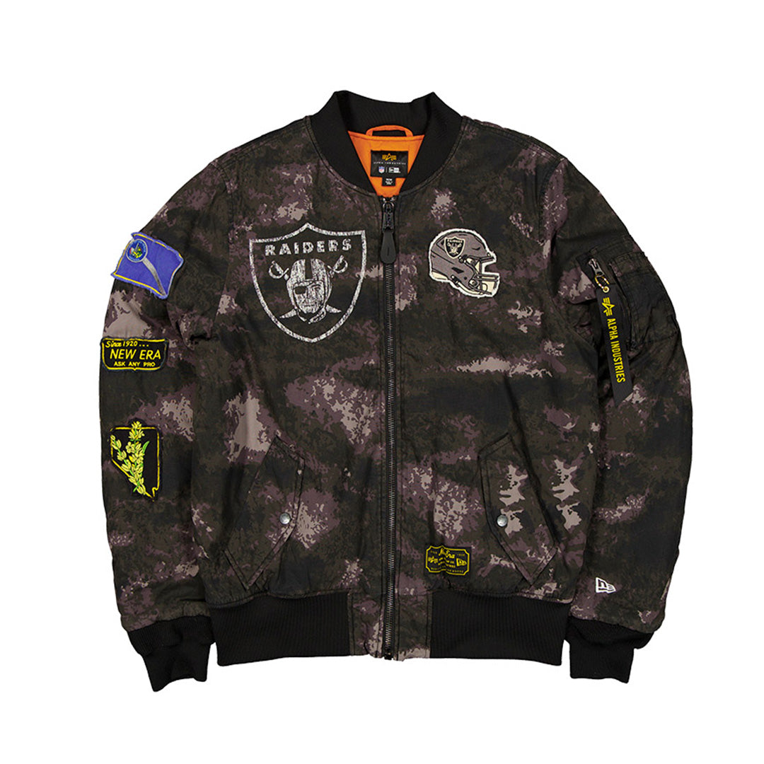 NEW ERA X ALPHA INDUSTRIES LAS VEGAS RAIDERS BLACK REVERSIBLE BOMBER JACKET