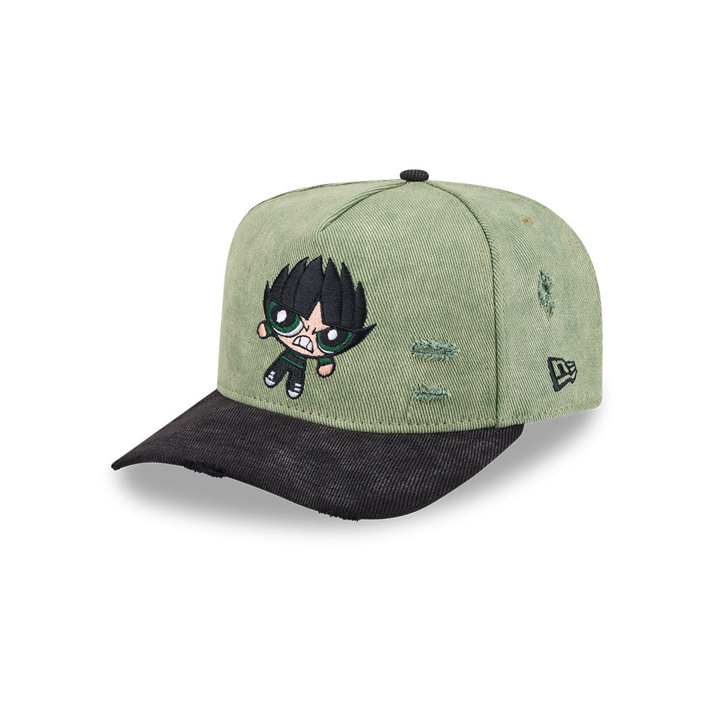 NEW ERA X POWERPUFF GIRLS BUTTERCUP DISTRESSED 2-TONE BLACK VISOR WASHED GREEN 9FIFTY AF PRE-CURVED CAP