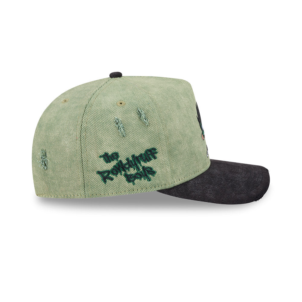 NEW ERA X POWERPUFF GIRLS BUTTERCUP DISTRESSED 2-TONE BLACK VISOR WASHED GREEN 9FIFTY AF PRE-CURVED CAP
