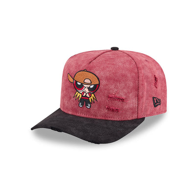 NEW ERA X POWERPUFF GIRLS BLOSSOM DISTRESSED 2-TONE BLACK VISOR WASHED RED 9FIFTY AF PRE-CURVED CAP