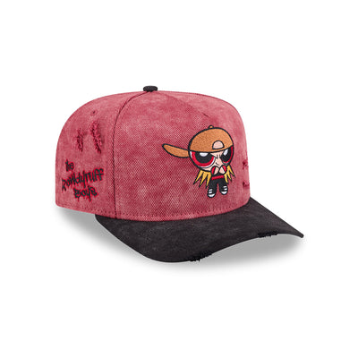 NEW ERA X POWERPUFF GIRLS BLOSSOM DISTRESSED 2-TONE BLACK VISOR WASHED RED 9FIFTY AF PRE-CURVED CAP