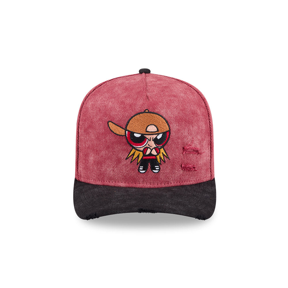 NEW ERA X POWERPUFF GIRLS BLOSSOM DISTRESSED 2-TONE BLACK VISOR WASHED RED 9FIFTY AF PRE-CURVED CAP