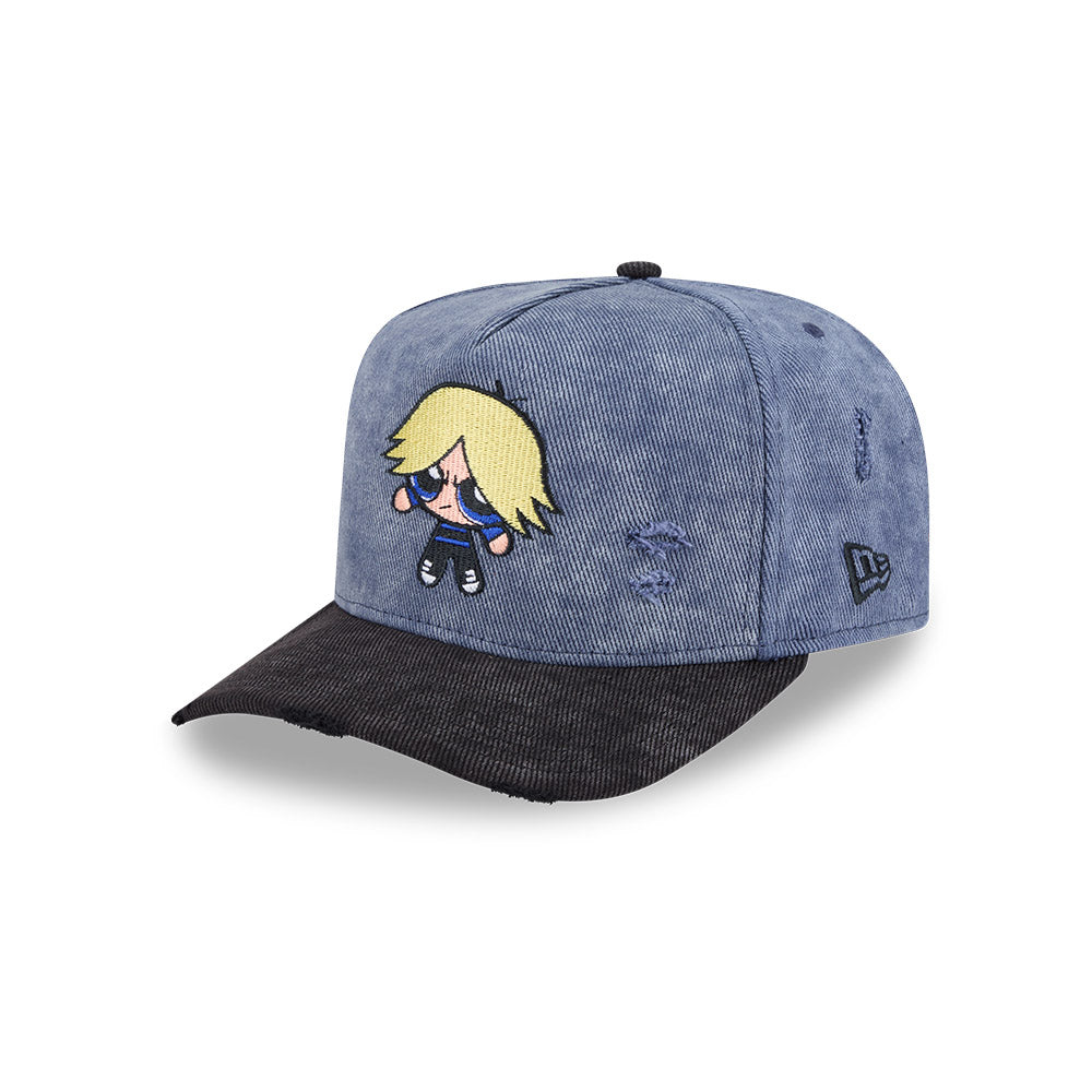 NEW ERA X POWERPUFF GIRLS BUBBLES DISTRESSED 2-TONE BLACK VISOR WASHED BLUE 9FIFTY AF PRE-CURVED CAP