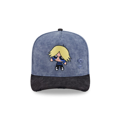NEW ERA X POWERPUFF GIRLS BUBBLES DISTRESSED 2-TONE BLACK VISOR WASHED BLUE 9FIFTY AF PRE-CURVED CAP